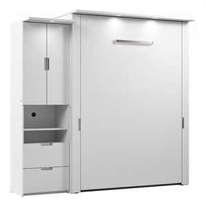 Pemberly Row 91W Queen Murphy Bed With Storage Cabinet in White