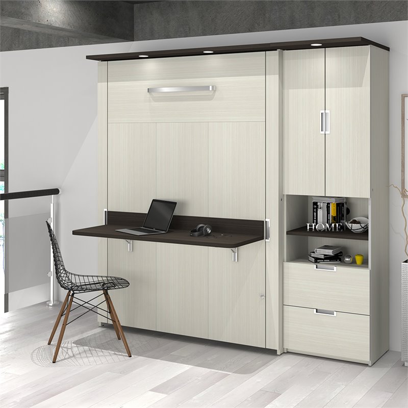 Pemberly Row 84W Full Murphy Bed With Desk and Storage in White Chocolate