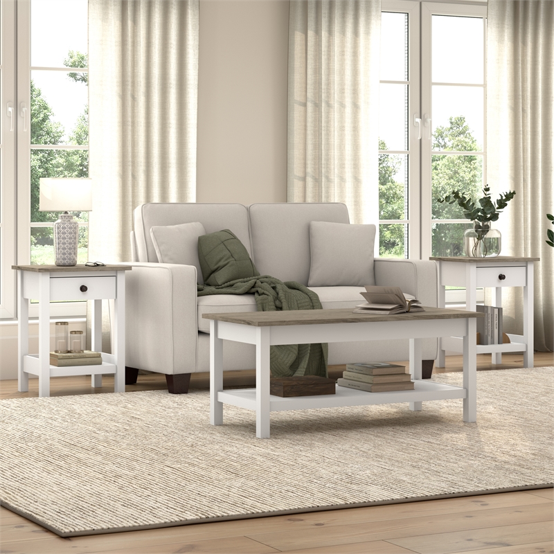 Pemberly Row Farmhouse Coffee Table With Set of 2 End Tables and Drawers