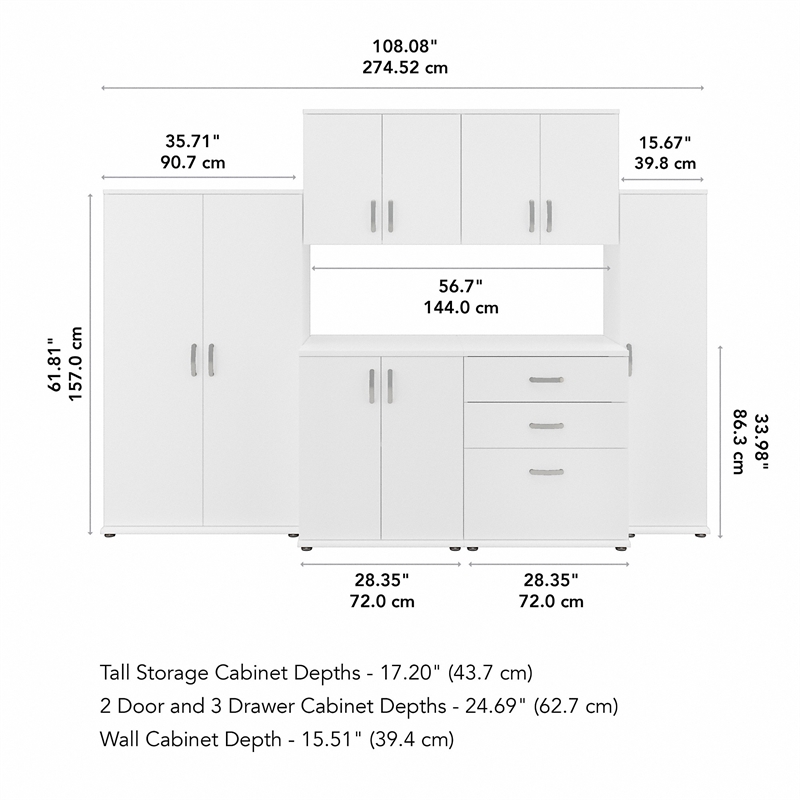 Pemberly Row 108W 6Pc Modular Storage Set With Floor & Wall Cabinets in White