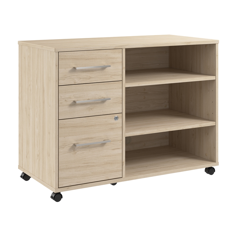 Pemberly Row Rolling Natural Elm Storage Cabinet With Locking Drawers & Shelves