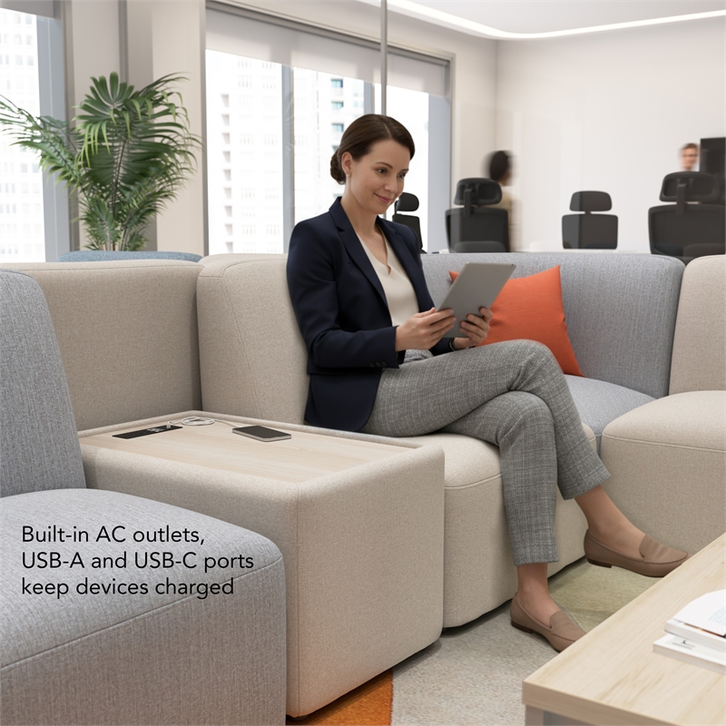 Pemberly Row Modular Side Table With USB and AC Charging Station in Oat Fabric