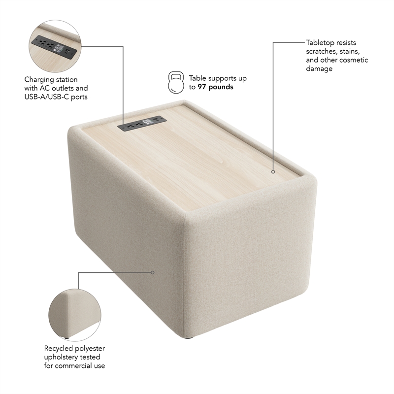 Pemberly Row Modular Side Table With USB and AC Charging Station in Oat Fabric