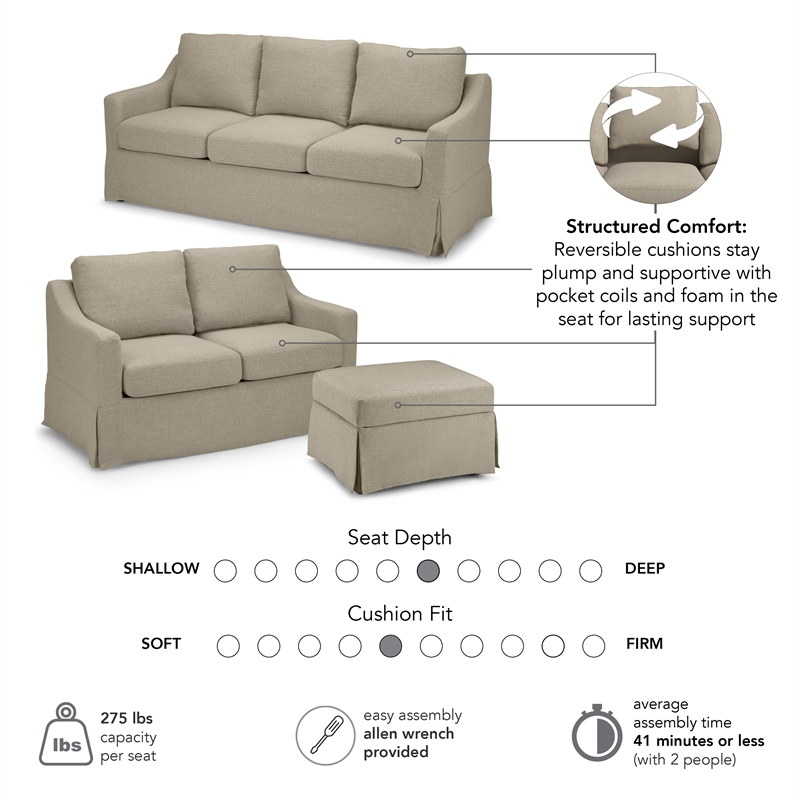 Pemberly Row 80W Sofa with 57W Loveseat and Ottoman with Slipcovers in Sand