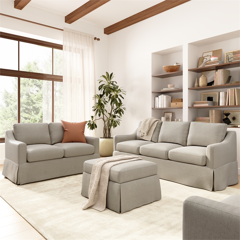 Pemberly Row 80W Sofa with 57W Loveseat and Ottoman with Slipcovers in Sand