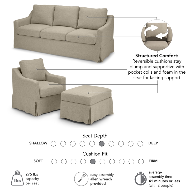Pemberly Row 80W Sofa with Swivel Chair and Ottoman with Slipcovers in Sand
