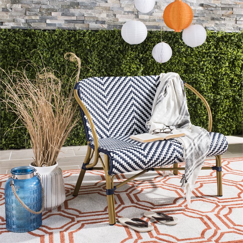 Pemberly Row Herringbone Wicker/Rattan Indoor/Outdoor Settee in Navy/White