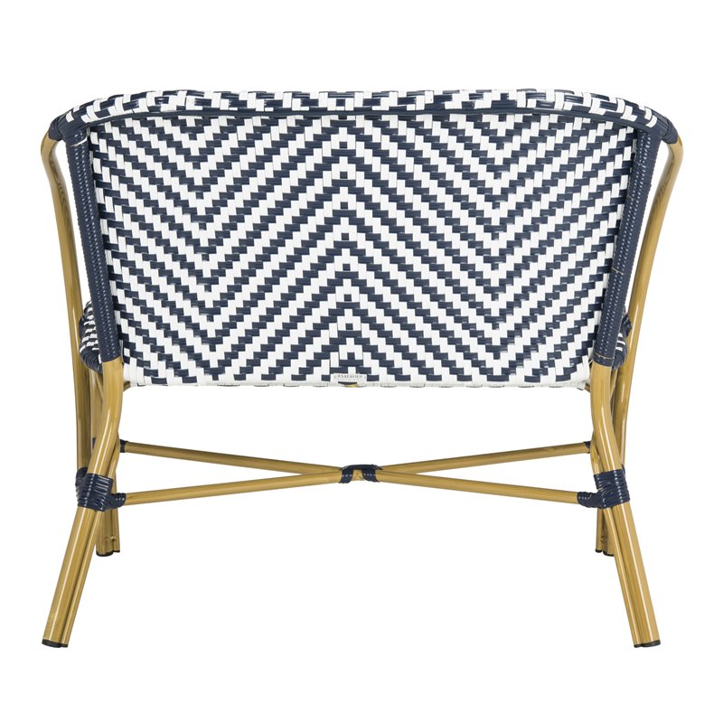 Pemberly Row Herringbone Wicker/Rattan Indoor/Outdoor Settee in Navy/White