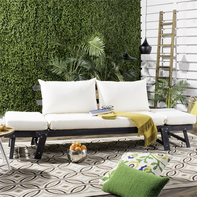 Pemberly Row Acacia Wood Outdoor Daybed in Dark Slate Gray/Beige