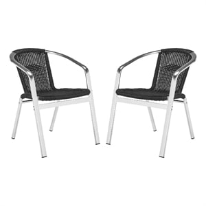 Pemberly Row Rattan Indoor/Outdoor Stackable Arm Chairs in Black (Set of 2)