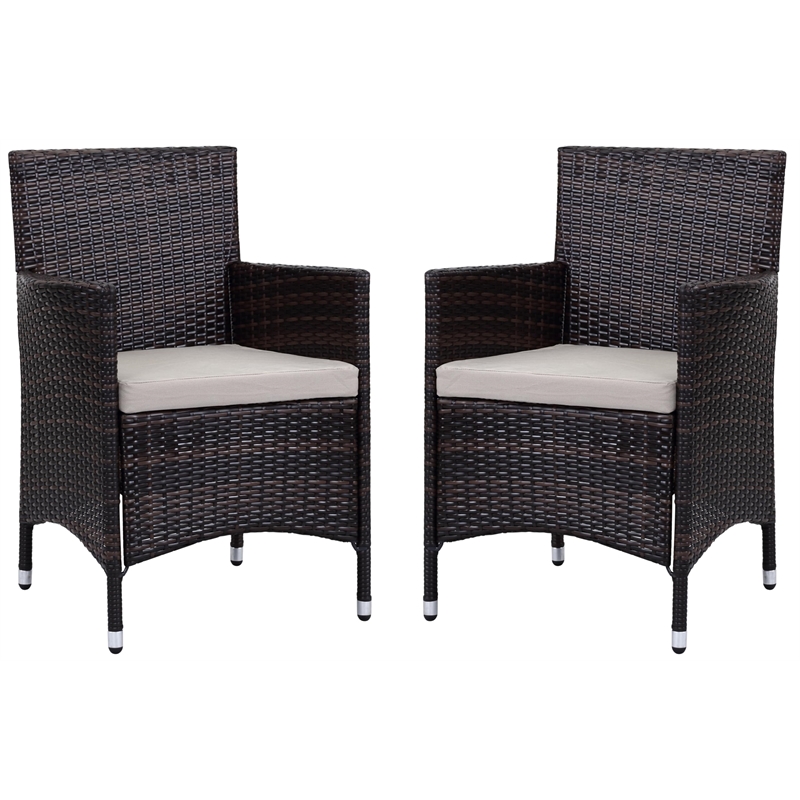 Pemberly Row PE Rattan Outdoor Chairs with Cushion in Brown/Sand (Set of 2)