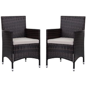 Pemberly Row PE Rattan Outdoor Chairs with Cushion in Brown/Sand (Set of 2)