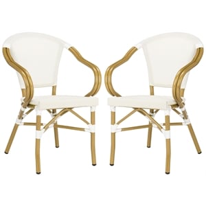 Pemberly Row Rattan/Fabric Outdoor Arm Chairs in White/Beige (Set of 2)