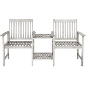 Pemberly Row Acacia Wood and Galvanized Steel Twin Seat Bench in Gray