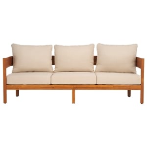 Pemberly Row Teak Wood and Polyester Outdoor Sofa in Natural / Taupe