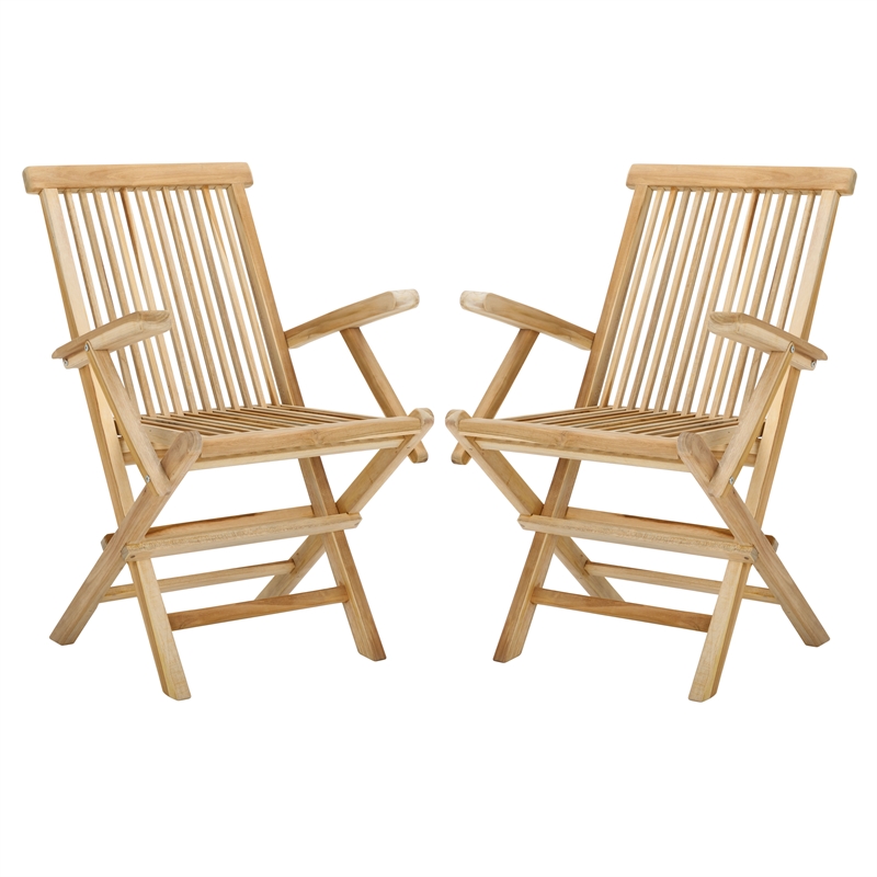 Pemberly Row Teak Wood and Brass Folding Arm Chair in Natural
