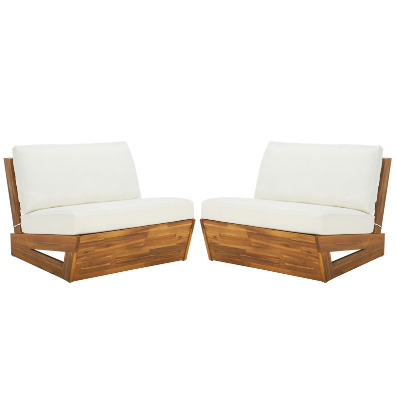 Pemberly Row Acacia Wood and Polyester Lounge Chair Set of 2 in Natural / Beige