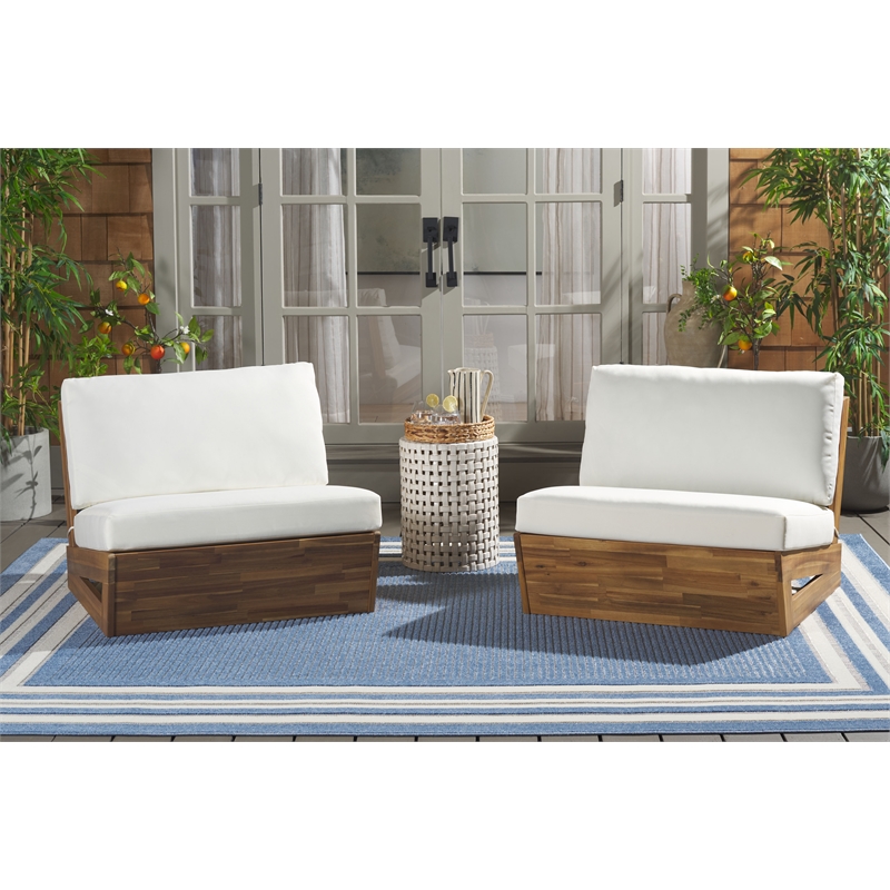 Pemberly Row Acacia Wood and Polyester Lounge Chair Set of 2 in Natural / Beige