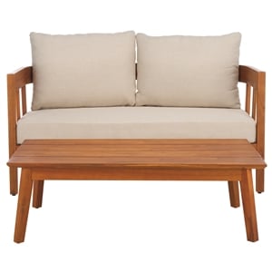 Pemberly Row Teak Wood and Polyester Outdoor Bench and Table in Natural / Taupe