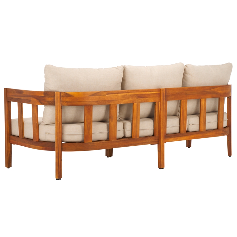 Pemberly Row Teak Wood and Polyester Sofa in Natural / Taupe for Patio