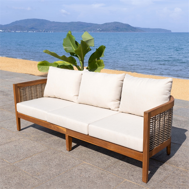 Pemberly Row Rattan and Polyester Sofa in Natural / Taupe for Patio