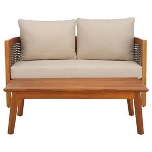 Pemberly Row Rattan and Polyester Outdoor Bench and Table in Natural / Taupe