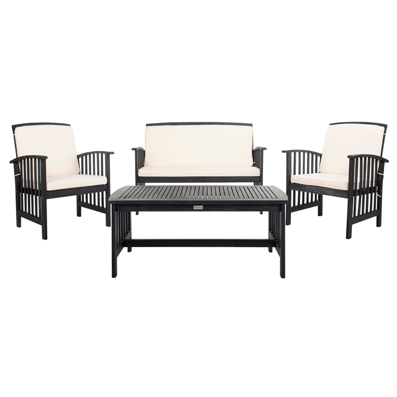 Pemberly Row Transitional Wood 4Pc Outdoor Set in Black / Beige