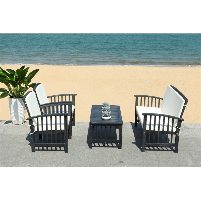 Pemberly Row Transitional Wood 4Pc Outdoor Set in Black / Beige