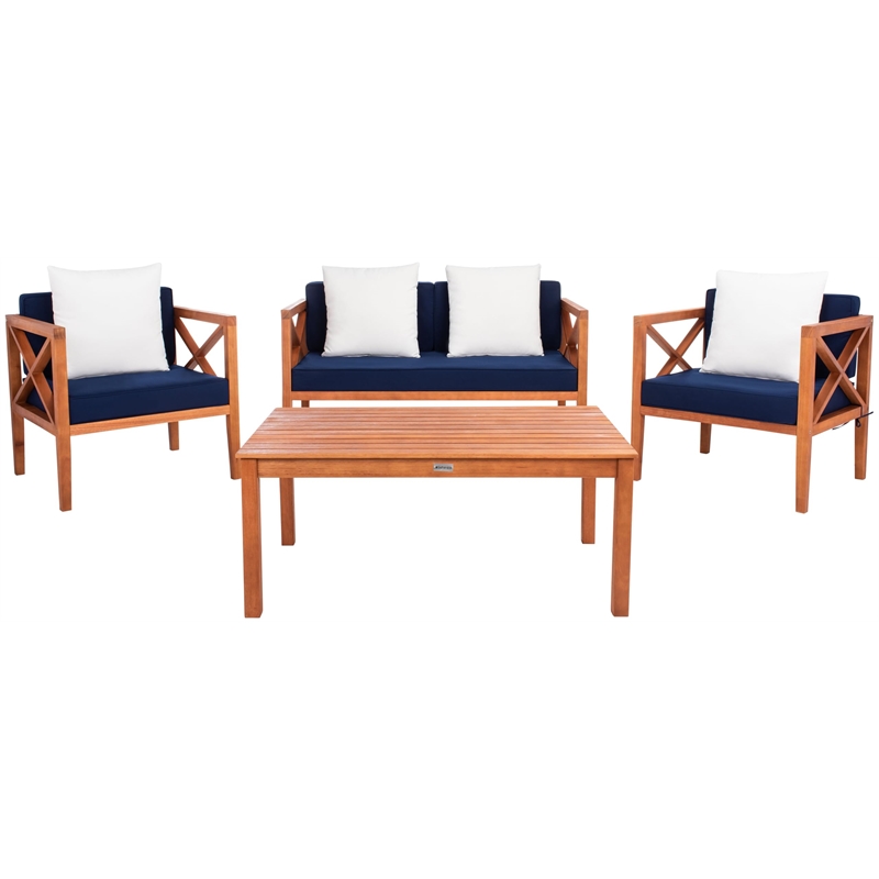 Pemberly Row Contemporary 4 Piece Patio Sofa Set in Teak Brown and Navy