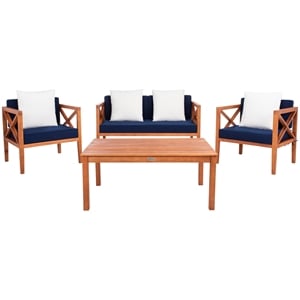 Pemberly Row Contemporary 4 Piece Patio Sofa Set in Teak Brown and Navy