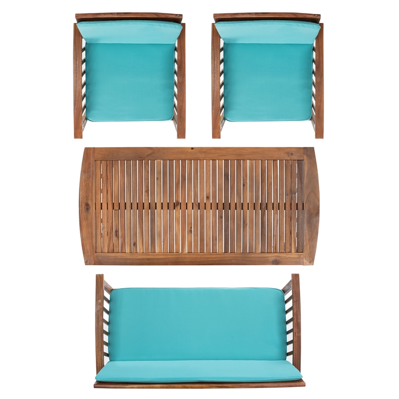 Pemberly Row Transitional Wood 4Pc Outdoor Set in Natural / Aqua