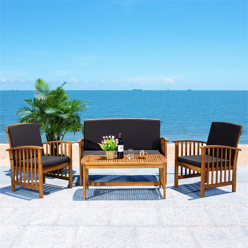 Pemberly Row Transitional Wood 4Pc Outdoor Set in Natural / Black