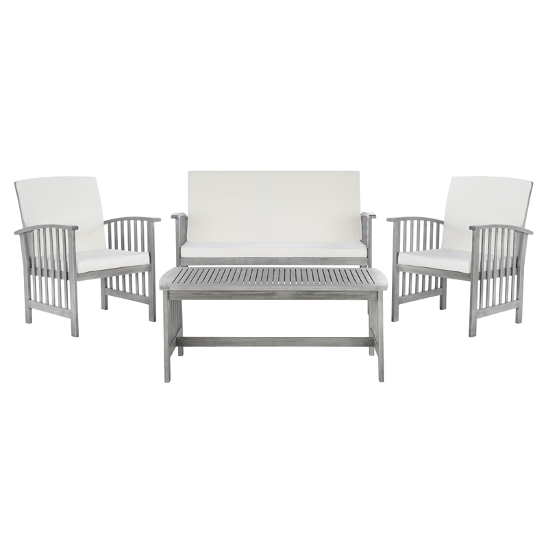 Pemberly Row Transitional Wood 4Pc Outdoor Set in Gray / Beige