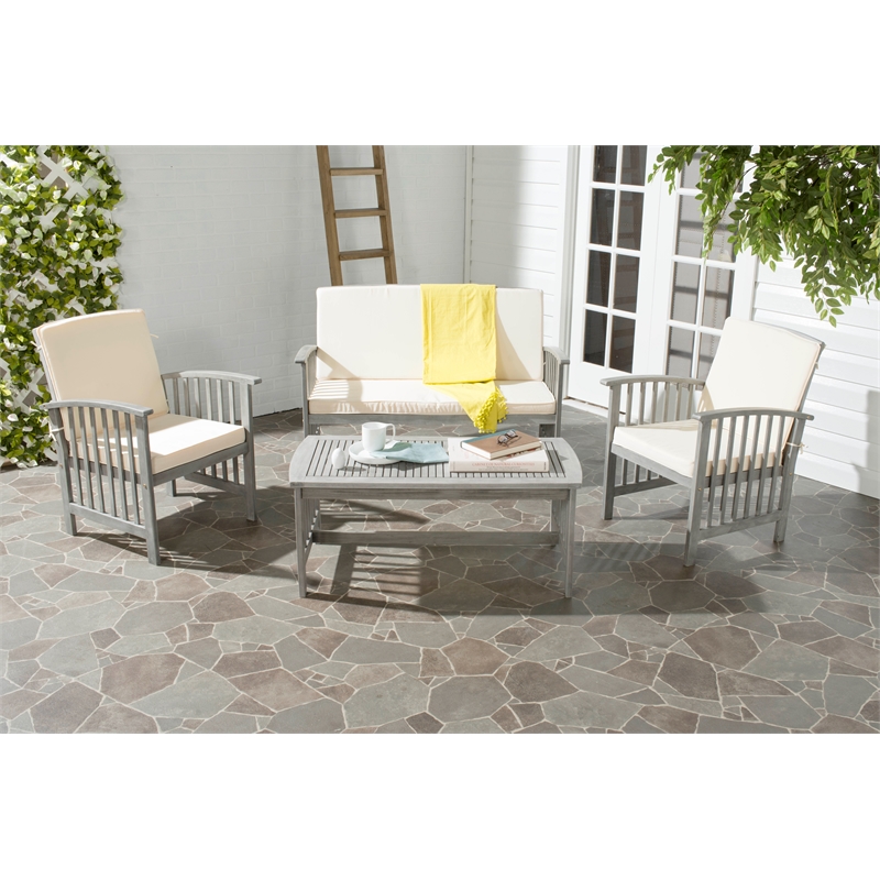Pemberly Row Transitional Wood 4Pc Outdoor Set in Gray / Beige
