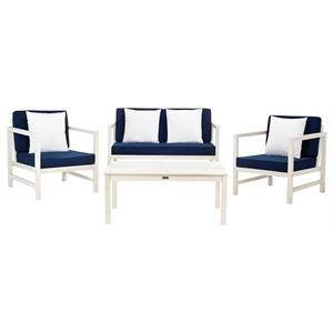 Pemberly Row Contemporary 4 Piece Patio Sofa Set in White and Navy