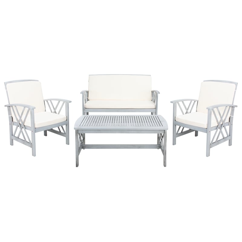 Pemberly Row Transitional Wood 4Pc Outdoor Set in Gray / Beige