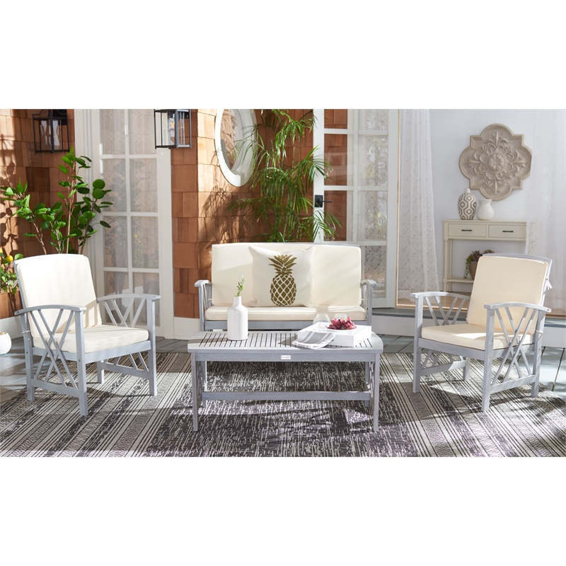 Pemberly Row Transitional Wood 4Pc Outdoor Set in Gray / Beige