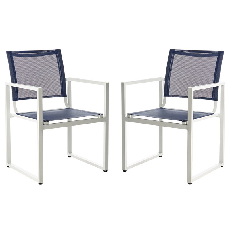 Pemberly Row Aluminum Stackable Patio Chair in Navy and White (Set of 2)