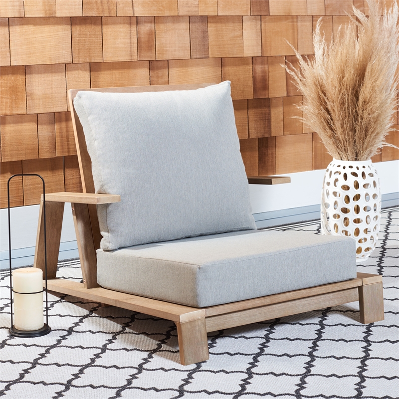 Pemberly Row Wood and Fabric Patio Chair in Brown / Light Gray