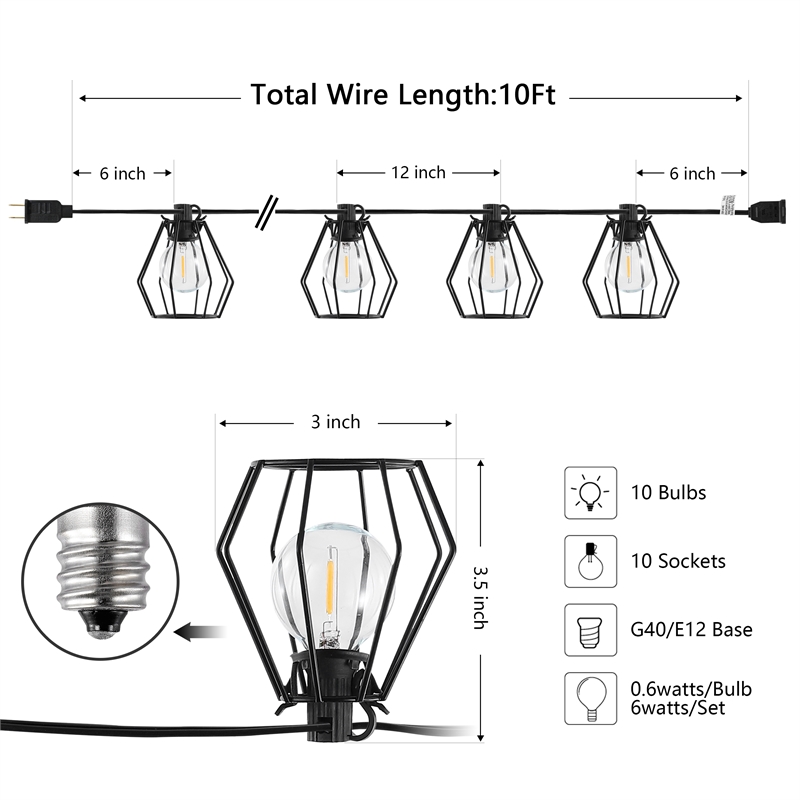 Pemberly Row Metal and Glass Led Outdoor String Light in Black