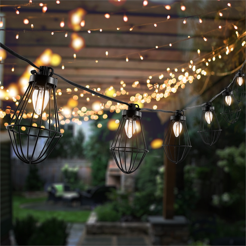 Pemberly Row Metal and Glass Led Outdoor String Light in Black