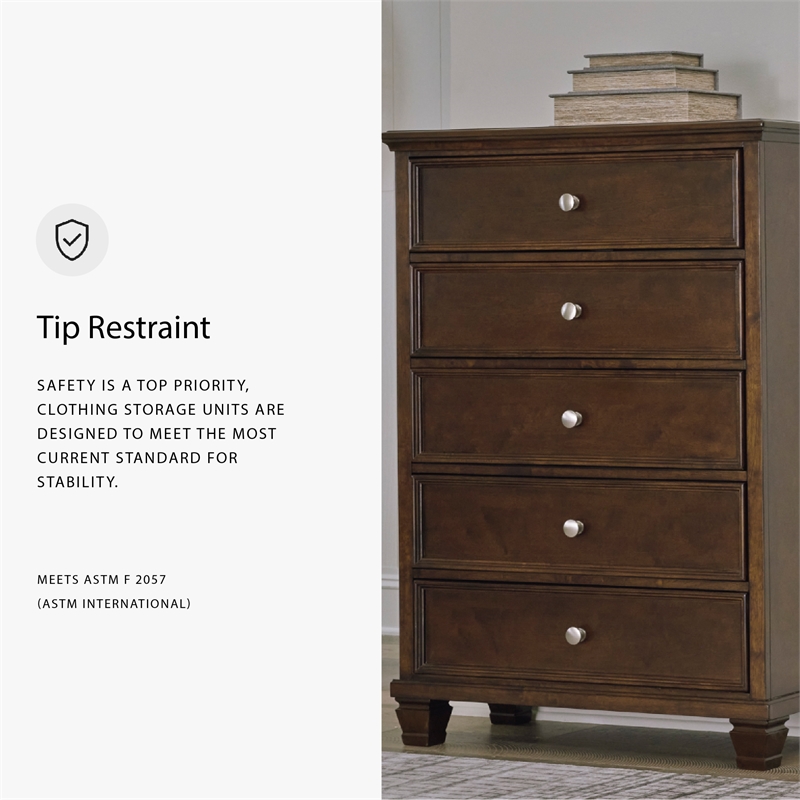 Pemberly Row Solid Wood 5-Drawers Bedroom Chest in Brownish Cherry
