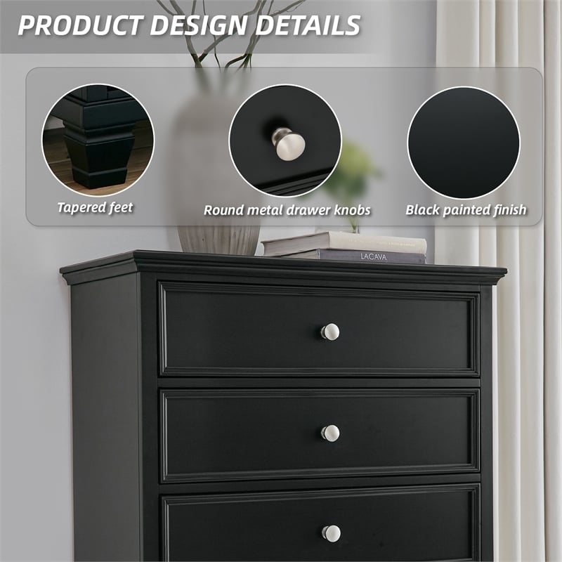 Pemberly Row Contemporary Solid Wood 5-Drawers Bedroom Chest in Black