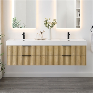 Pemberly Row 72&quot Wall-mounted Vanity in Nature Brown Artificial Sink (No Mirror)