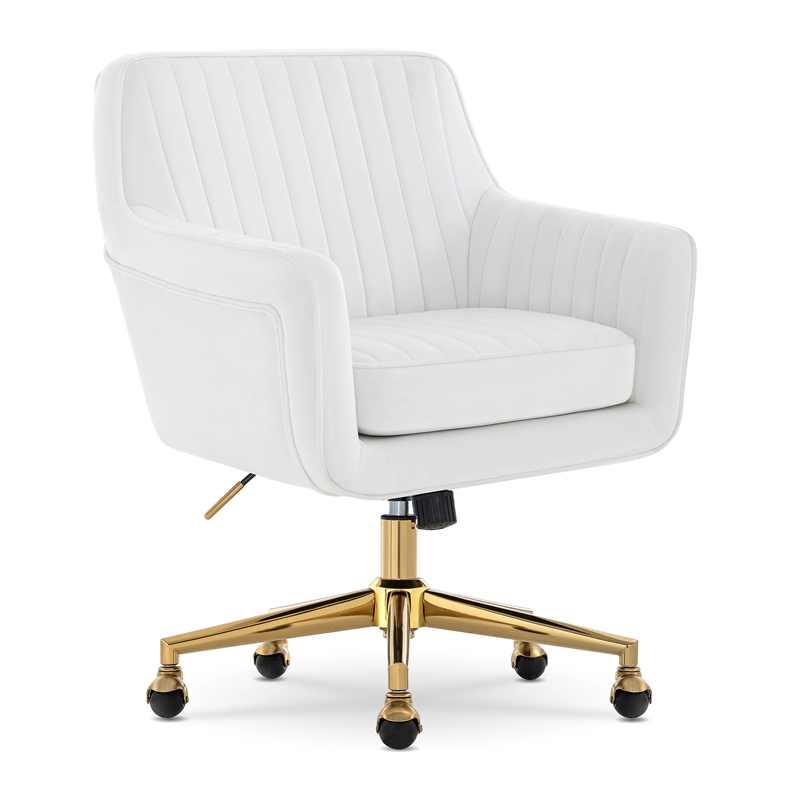 Pemberly Row Modern Office Chair Channel-Tufted Design White Velvet Fabric
