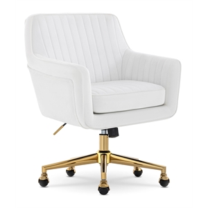 Pemberly Row Modern Office Chair Channel-Tufted Design White Velvet Fabric