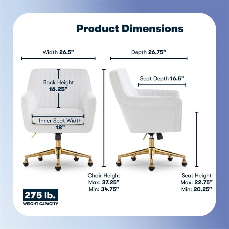 Pemberly Row Modern Office Chair Channel-Tufted Design White Velvet Fabric