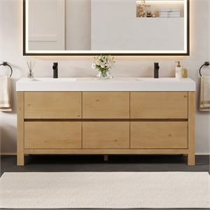Pemberly Row 72&quot Fir Wood Vanity White Artificial Stone Sink (No Mirror)
