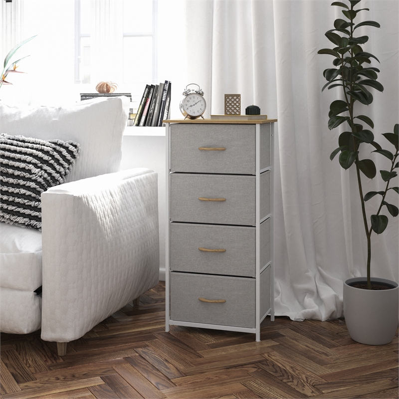 Pemberly Row 4 Drawer Dresser in Oak Wood Top/White Iron Frame/Beige Drawers