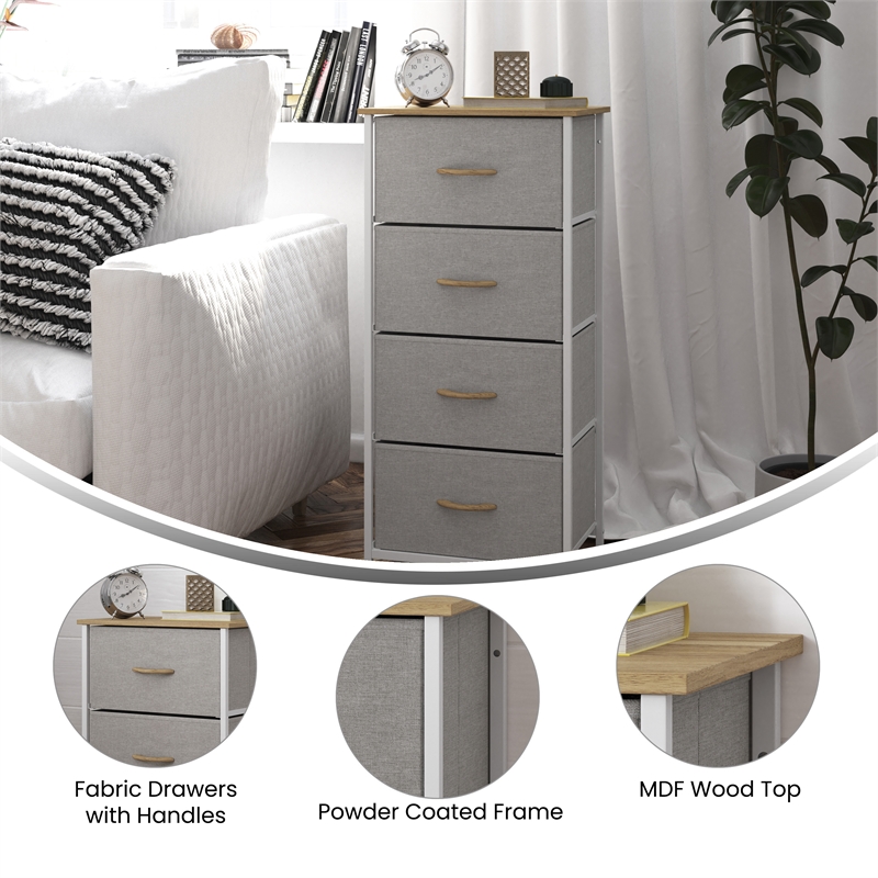 Pemberly Row 4 Drawer Dresser in Oak Wood Top/White Iron Frame/Beige Drawers